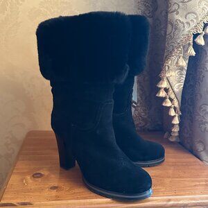 S by Santini Black Suede Fur-Trimmed Mid-Calf High-Heel Boots Size EU 39/ US 9